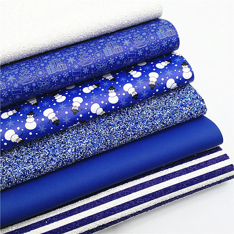 Set in ecopelle blu strisce personalizzate in pelle glitterata pupazzi di neve regalo di natale in ecopelle stampata per fiocchi fai da te Craft W282