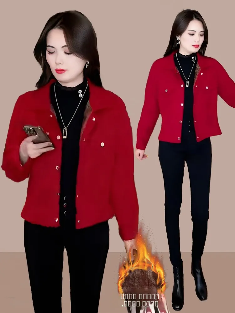 

Women's Faion Thiened Fce ort Jaet Winter New Sle Slim Fit Warm Top Casual Sle Embellied Pure Color Button C...