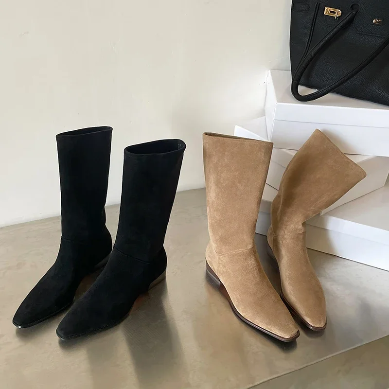 JOZHAMTA Size 34-42 Women Mid Calf Boots Suede Thick Heels Winter Shoes Fall 2025 Ins Soft Ruched Casual Short Booties