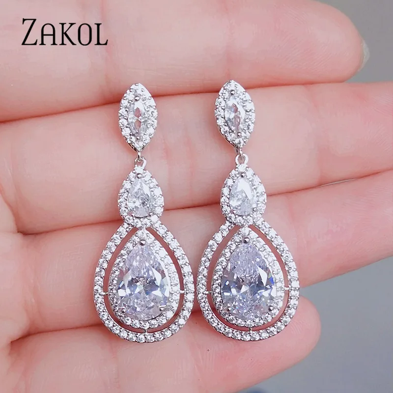 ZAKOL Brilliant White Cubic Zirconia Dangle Earrings for Women Fashion Water Drop Earring Evening Party Bridal Wedding Jewelry