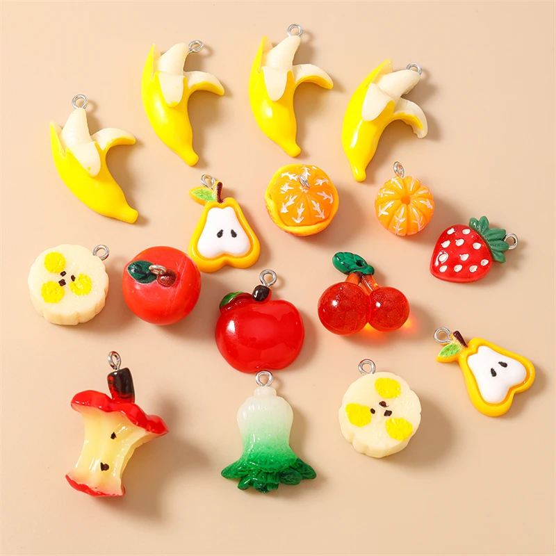 10 Stück niedliche, gemischte Anhänger in Form von Bananen und Orangen aus Harz, zum Basteln von Schmuck, Ohrringen, Halsketten, Armbändern und für DIY-Bastelarbeiten. – Detail 1