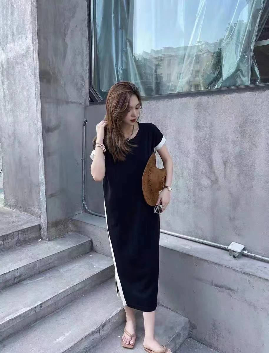 Oversized Korean Fashion Knit Dresses Women Summer Casual Loose O-neck Split Contrast Color T-shirt Dress Harajuku Clothing