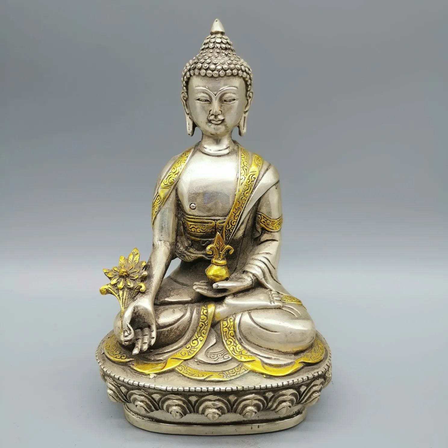 Collectibles Chinese Fengshui White Copper Carving Handicraft Medicine Buddha Pharmacist Health And Longevity Statue
