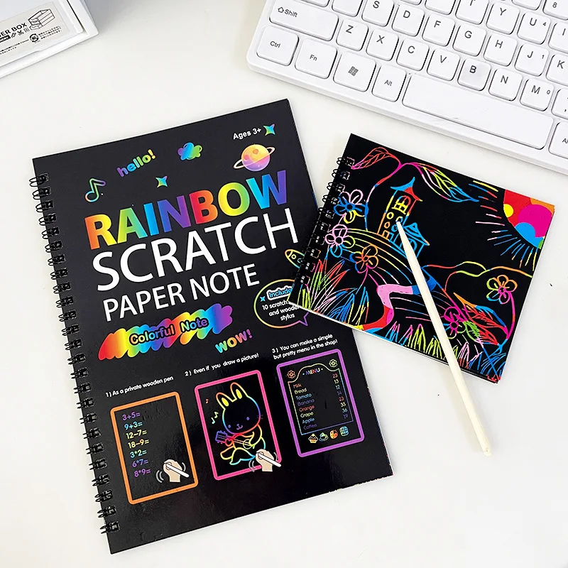 Rainbow Scratch Paper Note Libro d'arte per bambini Nero Fai da te Arcobaleno Art Paper Card Neon Scratch Book con bastone di legno