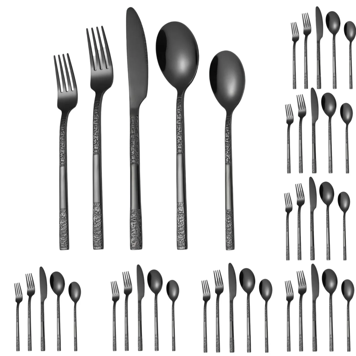 

A · HOUSEWARE Silverware Black 40 Piece Stainless Steel Flatware Set for 8 Stone Pattern Handle Cutlery Unique Textured Design