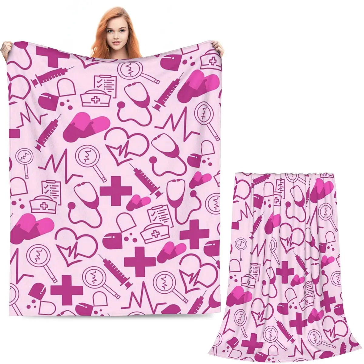 Pink Nurse Syringe Medical Heart Stripe Printed  Blanket Soft Warm Flannel Throw Blanket Cover for Bed  Picnic Travel Home Sofa