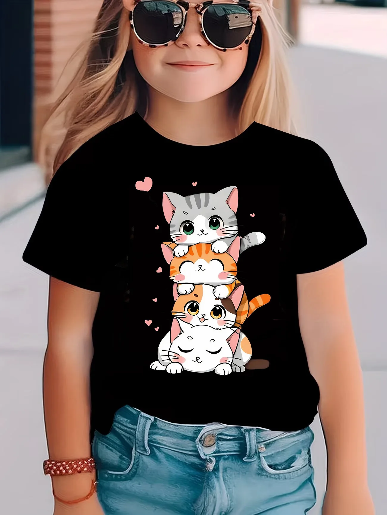 Niedliche Katzen-Grafik Kinder-T-Shirts Sommer Kurzarm-Shirts Cartoon Jungen Mädchen Kleidung Kawaii Kätzchen Tops Y2K Kinder-T-Shirt