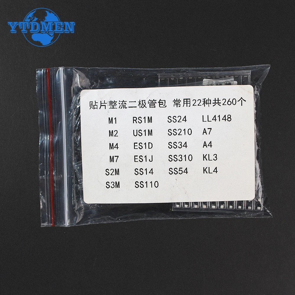 260PCS SMD Rectifier Diode Assorted Kit Schottky Switching Diodes M1 M4 M7 SS14 SS24 RS1M US1M SS34 SS54 BAT54C BAT54S LL4148