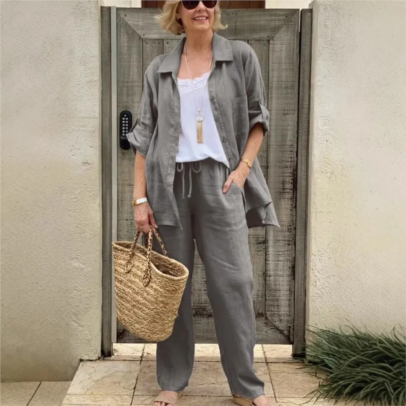 2025 Women's Autumn Commuting Shirt Suits Fashion Solid Color Lapel Long Sleeve Loose Shirt Casual Wide-leg Pants Two-piece Set