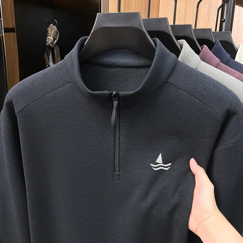 Spring and Autumn Men's Luxury Brand Exquisite Sailing Embroidery Long Sleeve High Collar Comfortable T-shirt Soft Casual Hoodie