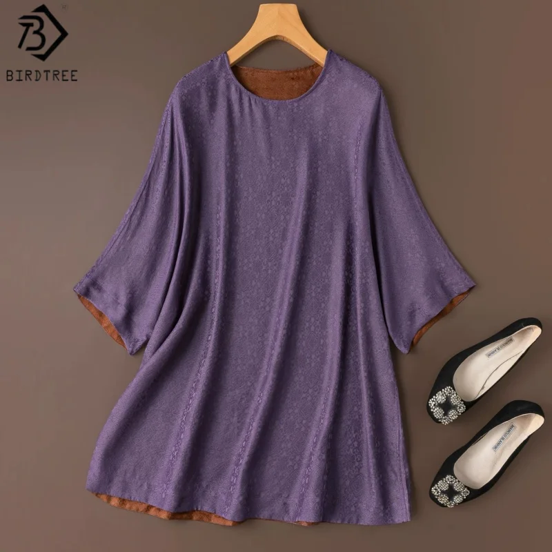 Birdtree, 100% Real Silk Reversible Tshirt, Batwing Sleeve Top, Women Scratch Dyeing Xiangyunsha Shirt, 2026 Summer New T67316JF