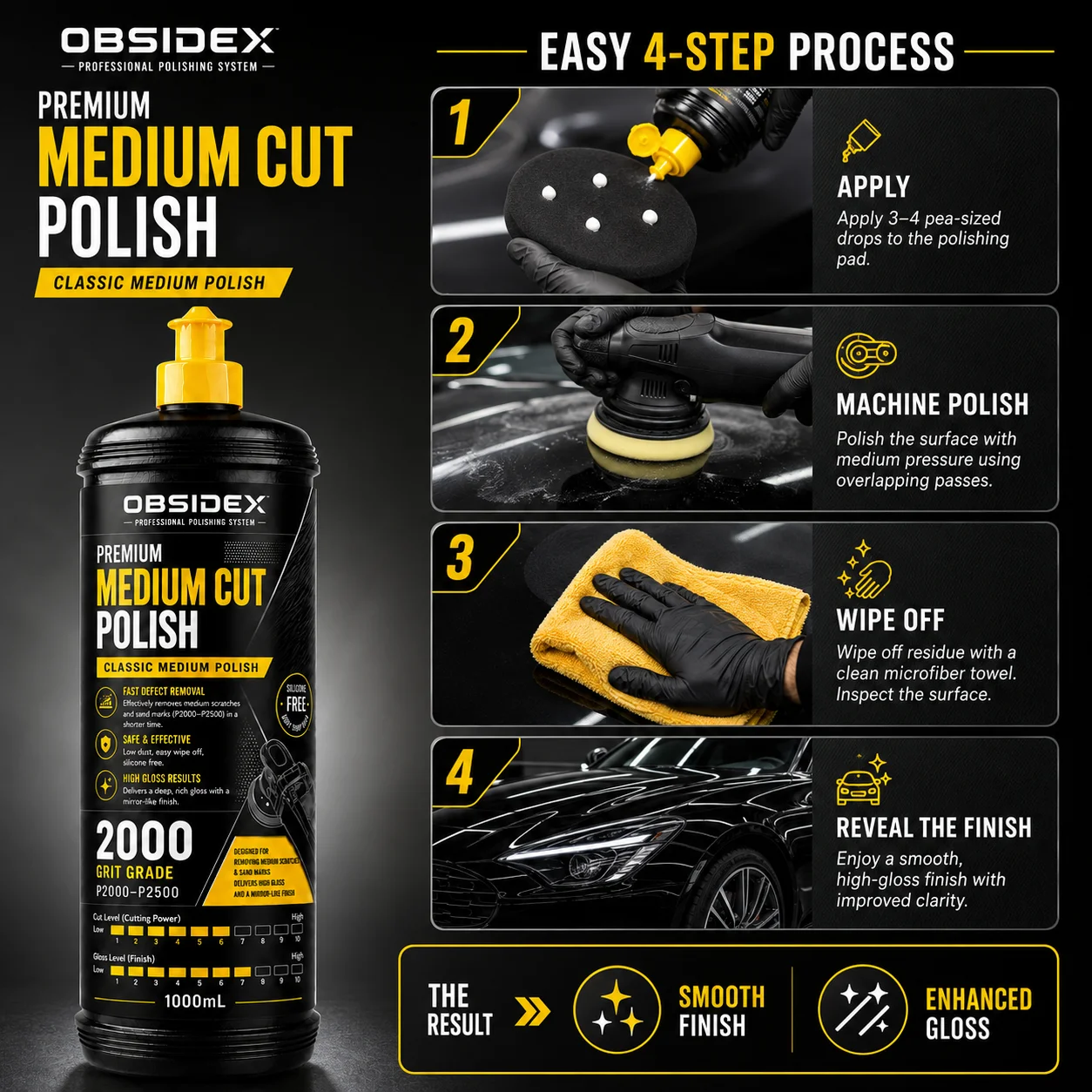 OBSIDEX Professional Medium Cut Polish – Fast Defect Refinement, Deep Rich Gloss, Silicone-Free Formula