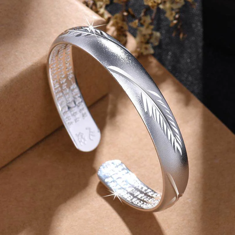 999 Sterling Silver Open Cuff Bangle for Women, Embossed Feather Polished SilverHigh end vintage jewelry Bracelet Gift
