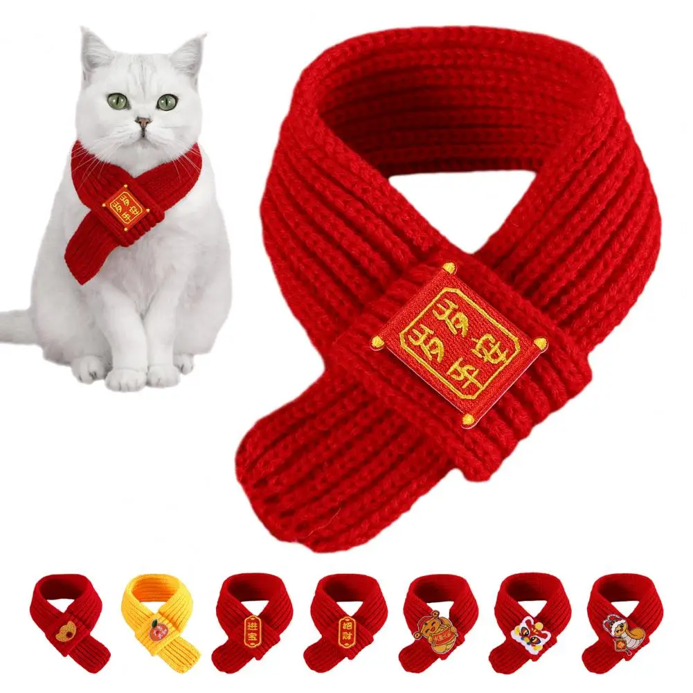 Knitted Cat Scarf Chinese New Year Pet Scarf Embroidered Fortune Scarf for Cats Small Dogs Spring Festival Dress-up Accessory
