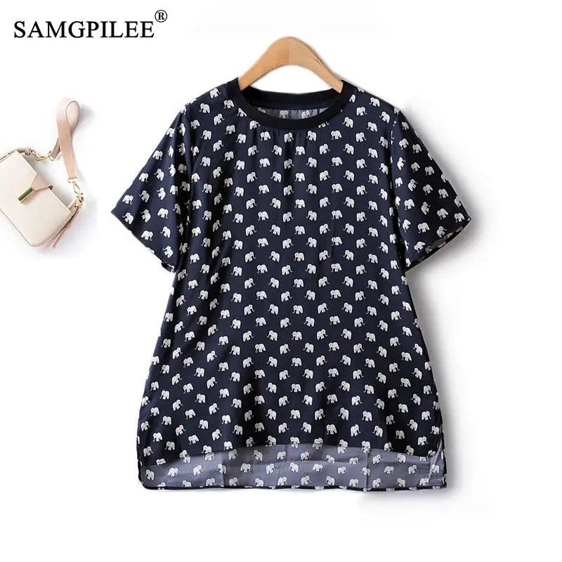 Fashion Woman Blouse 2023 Classic Animal Cute Little Elephant Figure Straight Thin Chiffon O Neck Short Sleeve Female T-shirts