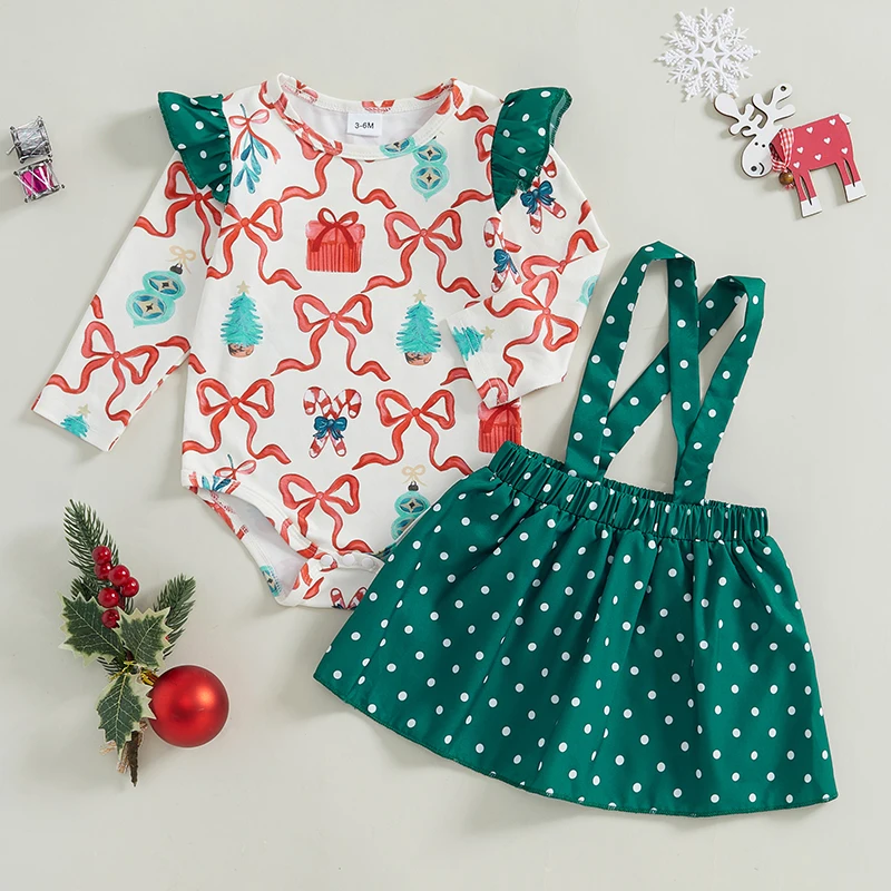 Baby Girls Christmas Outfits Bow Print Long Sleeves Romper and Dot Print Suspender Skirt Fall Spring Clothes