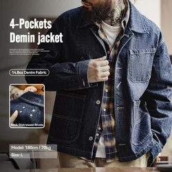 Maden Retro Four-pocket 14oz Jacket Lapel Single-breasted Denim Jacket Navy Blue Cotton Work Coat for Men's Autumn Solid Tops
