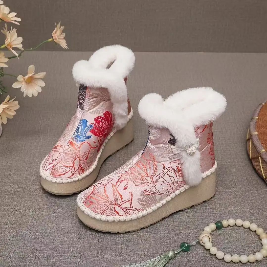 

Women Ethnic Style High Top Wedges Cotton Boots Thick Sole Non Slip Winter New Plush Keep Warm Round Toe Slip On Hanfu Botos