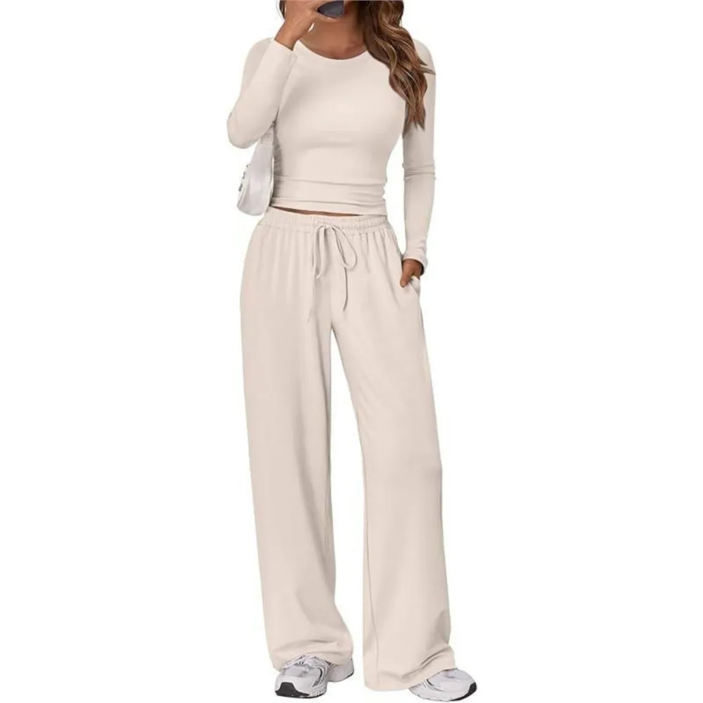 

Women's Casual Suit Long Sleeve Wide Leg Pants Woman 2 Piece Set Outfit Slim Long Sleeves Top Solid Color Simple Style Trendy