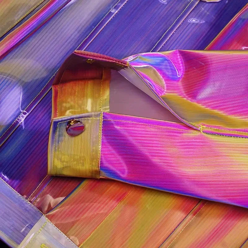 ホログラフィックグロスファッション女性 PU プラスチックジャケット緩め防水 DJ クラブ衣装透明プラスチックコートパンクストリート