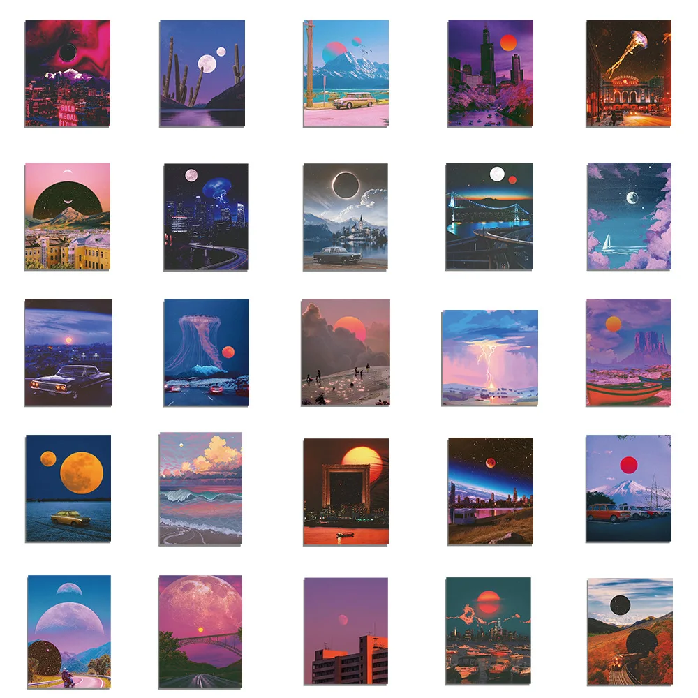 50-Piece Set Of Cartoon Sunset Scenery Graffiti Waterproof Stickers Laptop Helmet Water Cup Luggage Trendy Decorative Decals