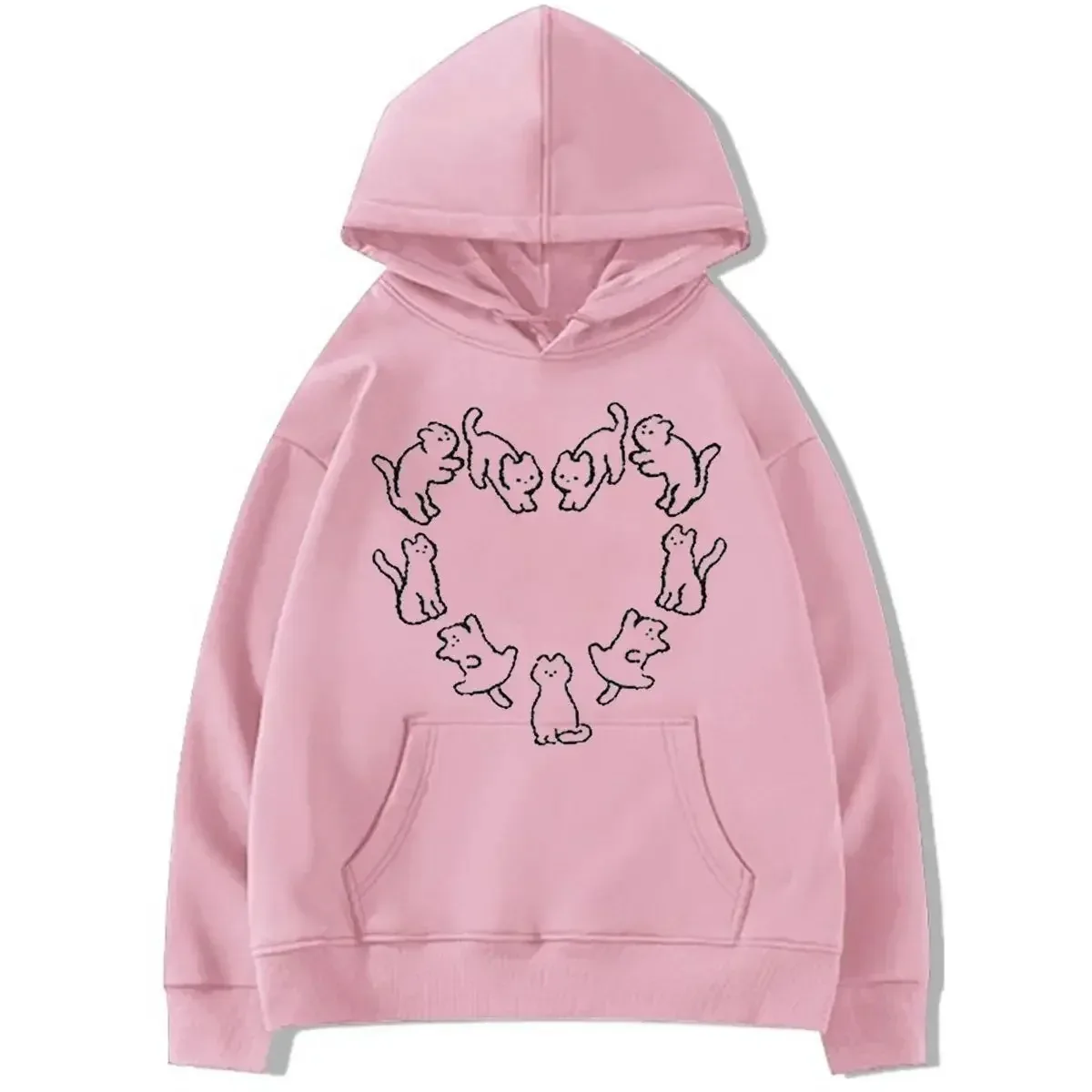 Korean style cute cat love pattern hooded sweatshirt for women loose casual autumn and winter couple wear niche jacket for men