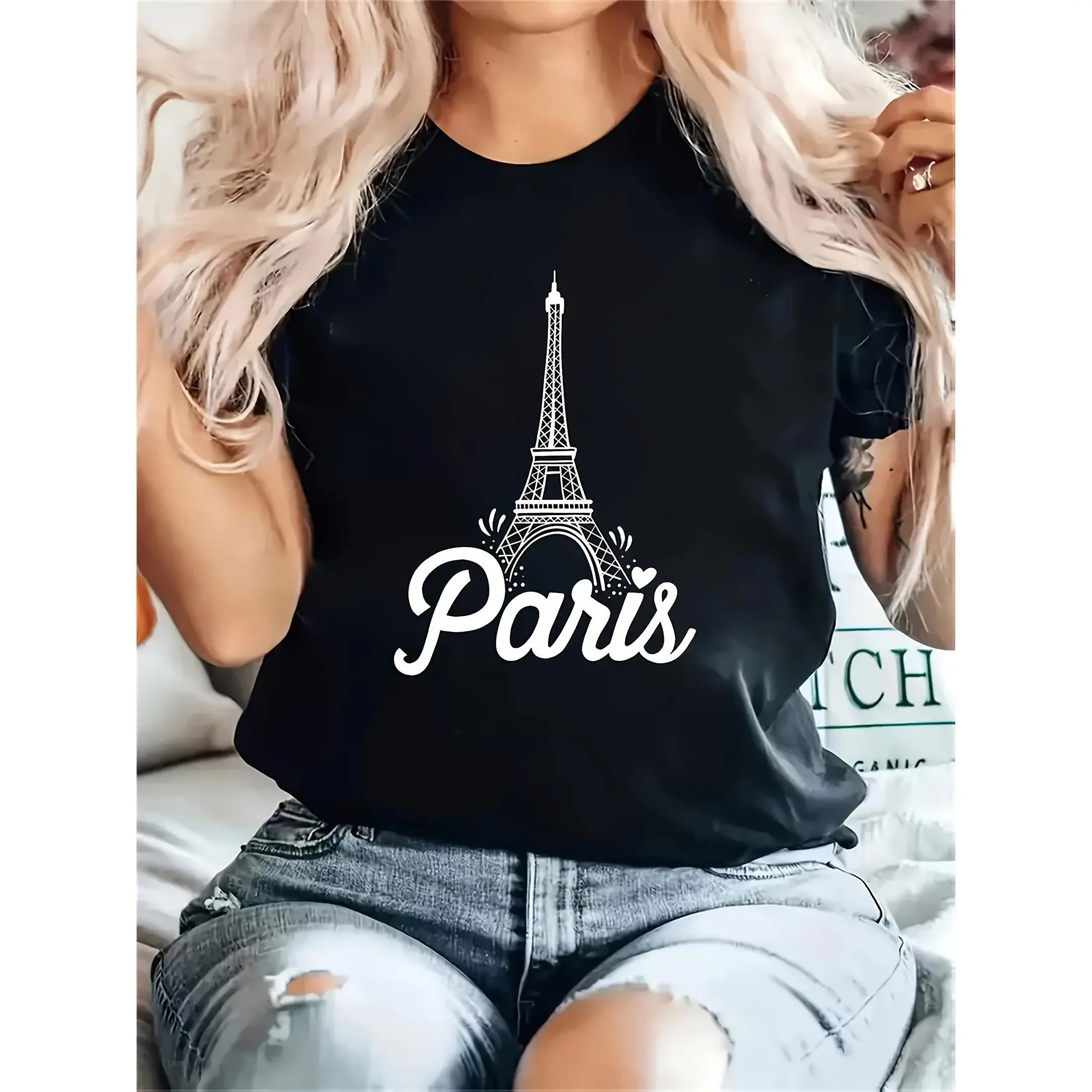 

T - Shirt with Eiffel Tower and “Paris” Script Graphic