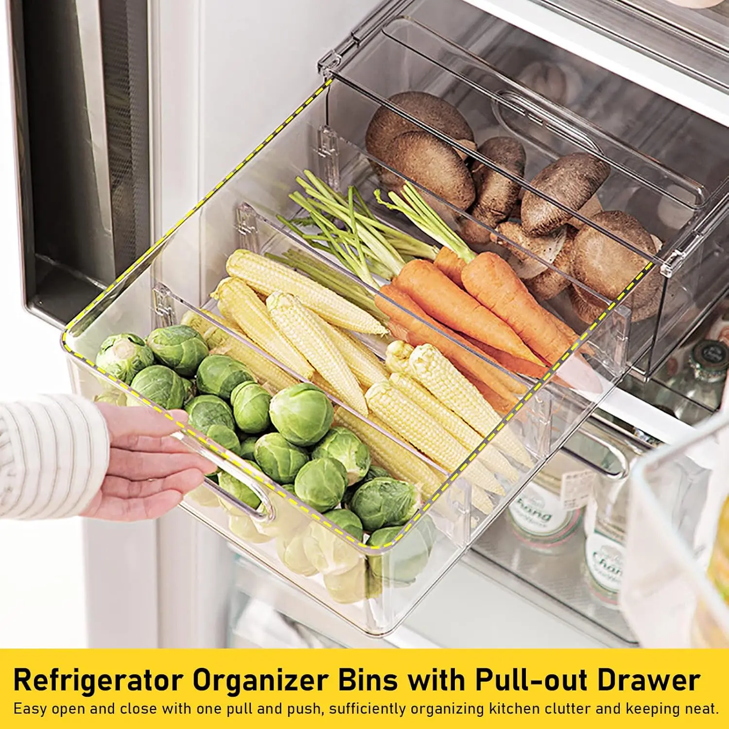 4 Pack Refrigerator Organizer Bins with Pull-out Drawer Stackable Clear Fridge Drawer Organizer Fruit Vegetable Storage Containe