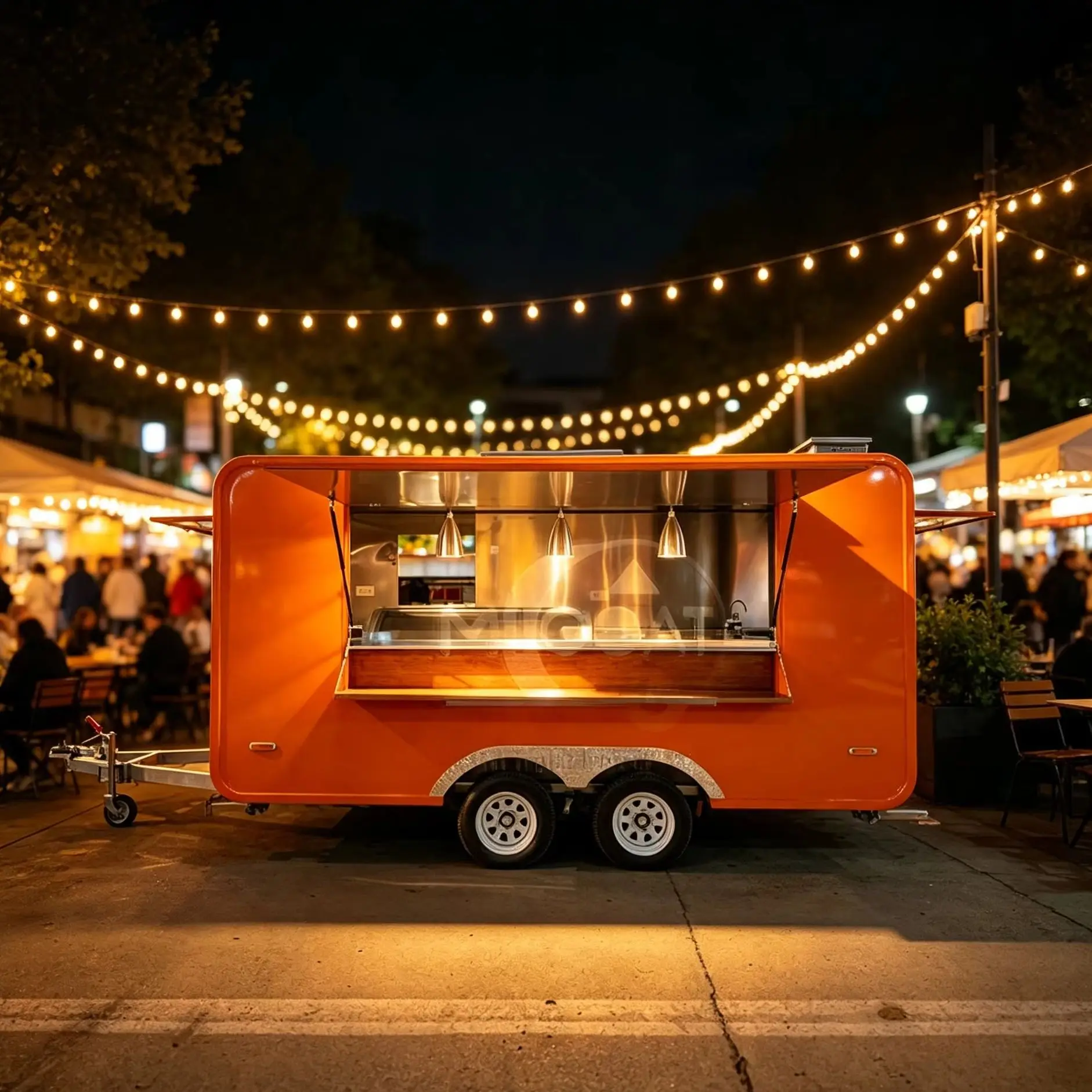 Bright Orange Mobile Food Trailer with Double Axle Stainless Steel Serving Window Catering Cart for Outdoor Use