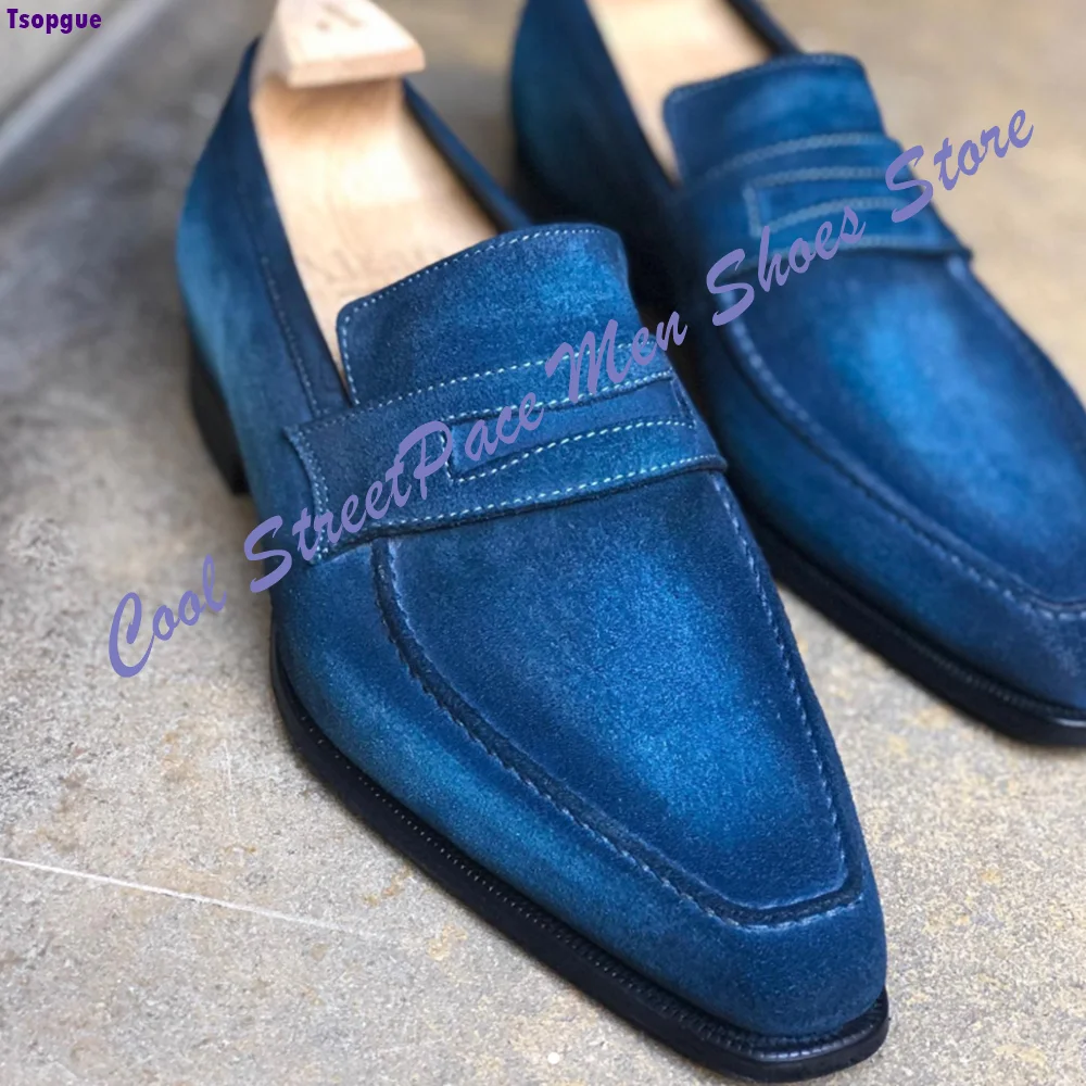 Business Formal Penny Loafers for Men Blue Demin Slip‑On Square Pointed Toe Hand Stitched Low Heel Party Wedding Dress Shoes