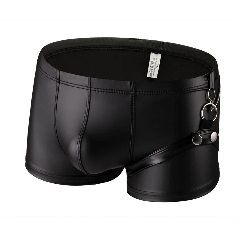 Men Sexy Close Fitting Matte Faux Leather Trunks Wet Look Underwear Pouch Boxer with Chain Buckle Shorts Slim Fit Men's Boxers