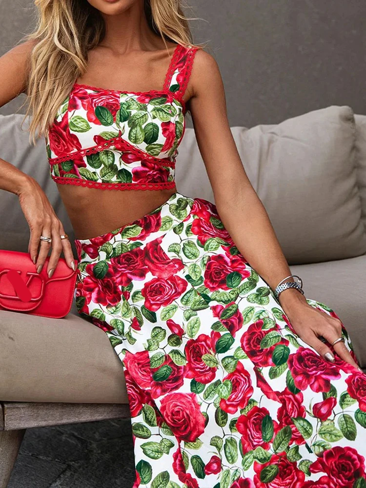 VGH Floral Prinitng Two Piece Sets For Women Square Collar Sleeveless Tops High Waist A Line Skirts Elegant Set Female Fashion