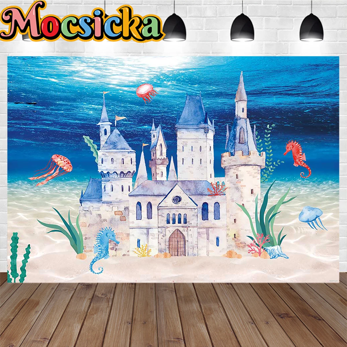 Blue Castle Underwater World Theme Party Decor Background Banner Seaweed Light Backdrop Boy Girl Kid Cake Smash Studio Photozone