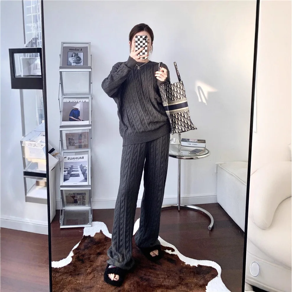 Winter Warm O Neck Casual Pullover Braided Twist Strecth Womens Two Peice Set Knitted Sweater Wide-leg Pants Sets Women Autumn