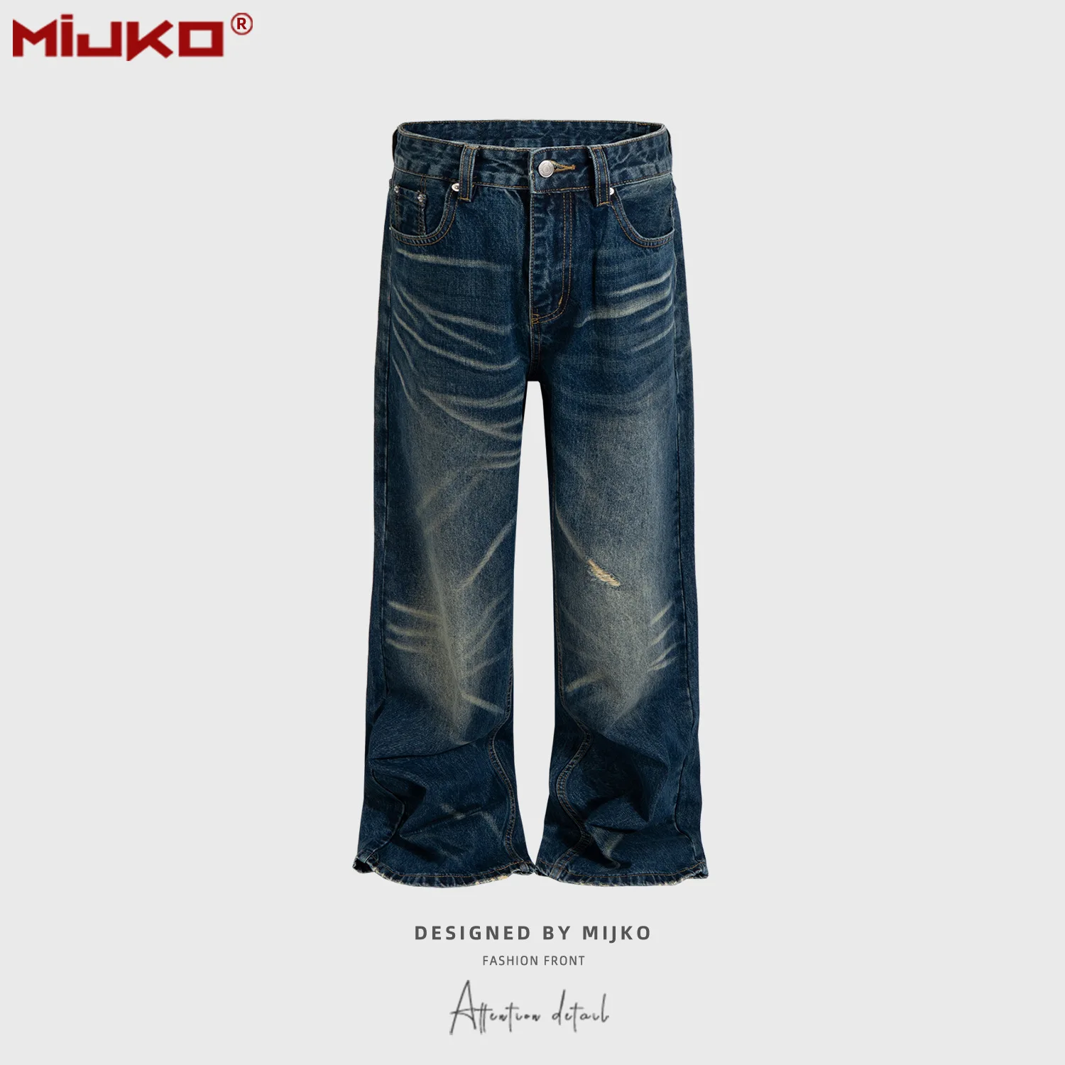 

MIJKO American Retro Cat Whisker Jeans Unisex Washed and Aged Wide Leg Design Blue Long Pants