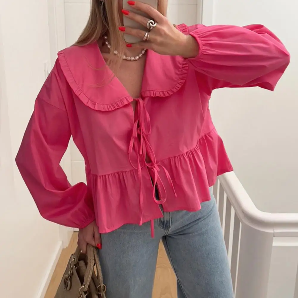 

Женская рубашка с плиссированным подолом, рубашка с пышными рукавами и кукольным воротником, Однотонный женский топ с оборками на шнуровке, Повседневная Уличная одежда, плиссированный подол