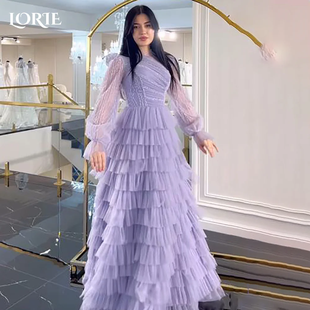 

LORIE High Collar Evening Dress Ruffle Ruched Puff Sleeve Pleats Saudi Party Dress Elegant Shiny Customized Princess Prom Gowns
