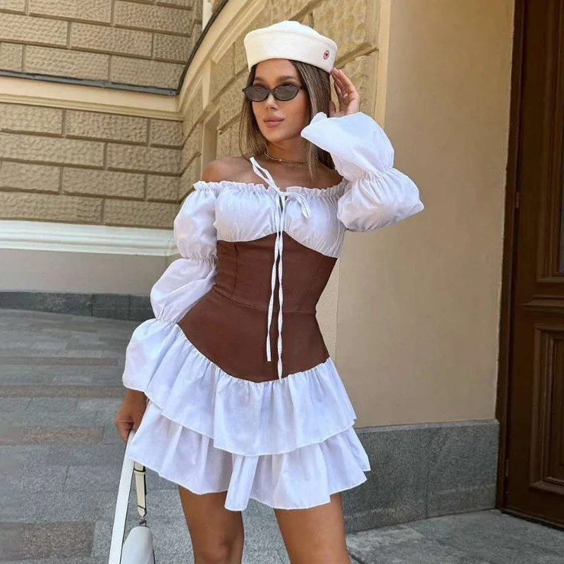 

Женское вечернее платье без бретелек с пышными рукавами, тонкое бандажное платье с высокой талией, коричнево-синяя вечерняя юбка, новый дизайн на складе