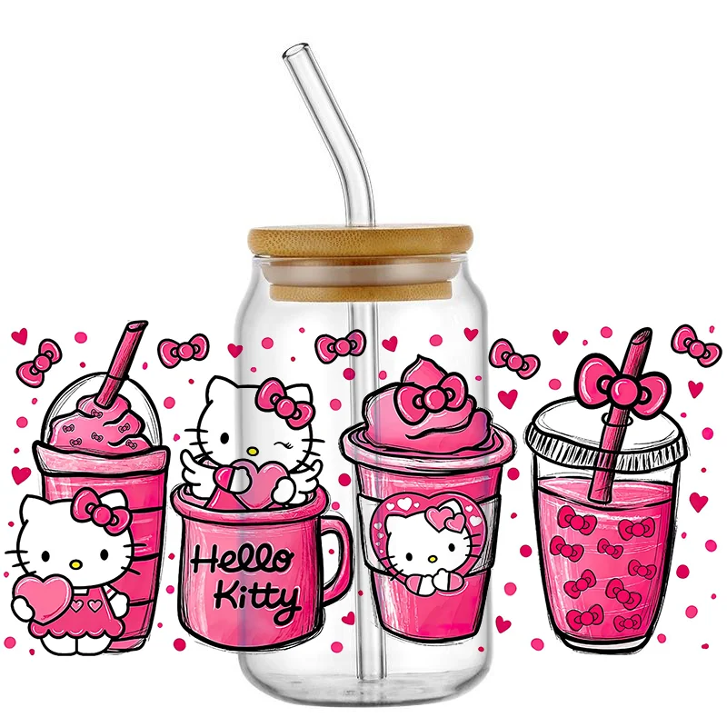 Cartoon Cute Hello Cat With Flowers UV DTF Sticker For 16OZ Libbey Glass Cup Can Wrap Transfer Sticker Custom Labels DIY Decals