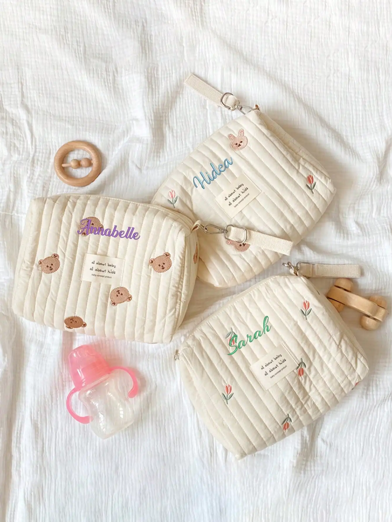 Custom Name Embroidery Baby Diaper Bag Quilted Storage Pouch Cute Bear Cosmetic Bag customize Mommy Organizer Gift view 4