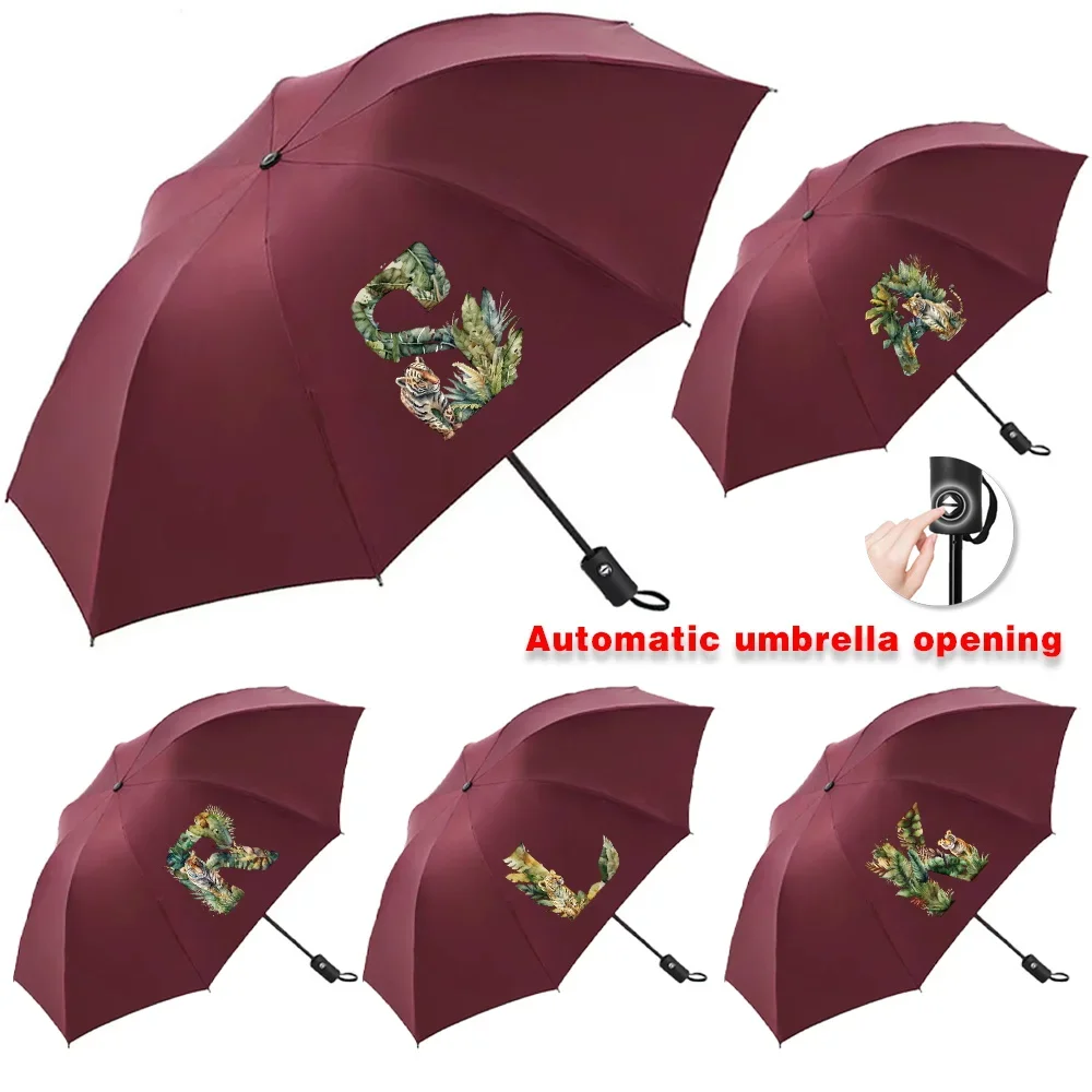 Automatic Umbrella for Sunshine Rainy Windproof Strong Folding Buckle Handle Double Bone Resistant Jungle Tiger Letter Printed