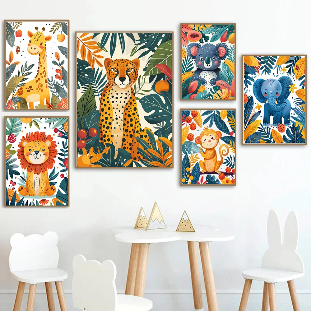 سفاري الحضانة غرفة الطفل ديكور الحيوان صور الفيل الباندا الزرافة النمر الرسم على لوحات القماش الجدارية غرفة اللعب طفل غرفة ديكور
