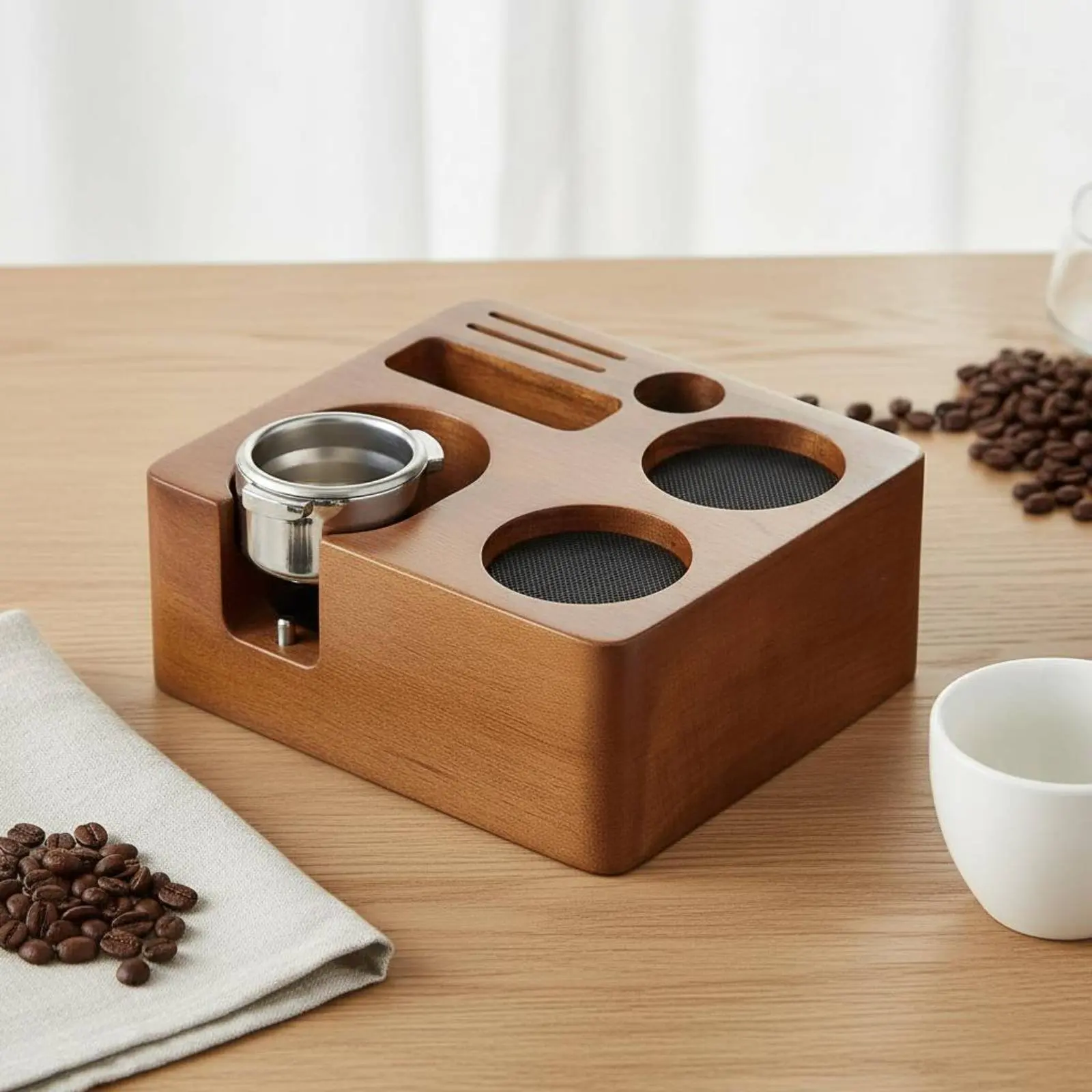 

Wooden Espresso Tamping Station Multi-Functional Portafilter Stand Coffee Tamper Holder Hardwood Wood Coffee Professional Tool
