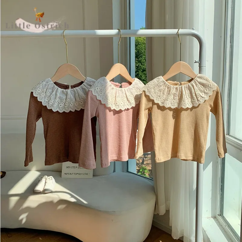 

Baby Girl Cotton Lace Shirt Infant Toddler Child Long Sleeve Solid Sweatshirt Casual Lotus Collar Pullover Baby Clothes 18M-10Y