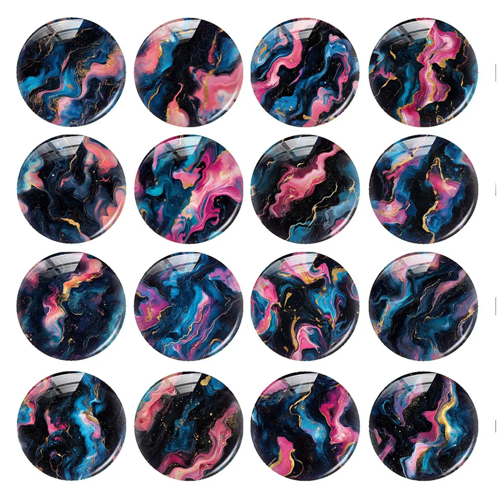 Random Mixed Round/Oval/Square Black Base Blue Pink Alcohol Ink Photo Glass Cabochon Flatback Demo Cameo For Diy Jewelry Making