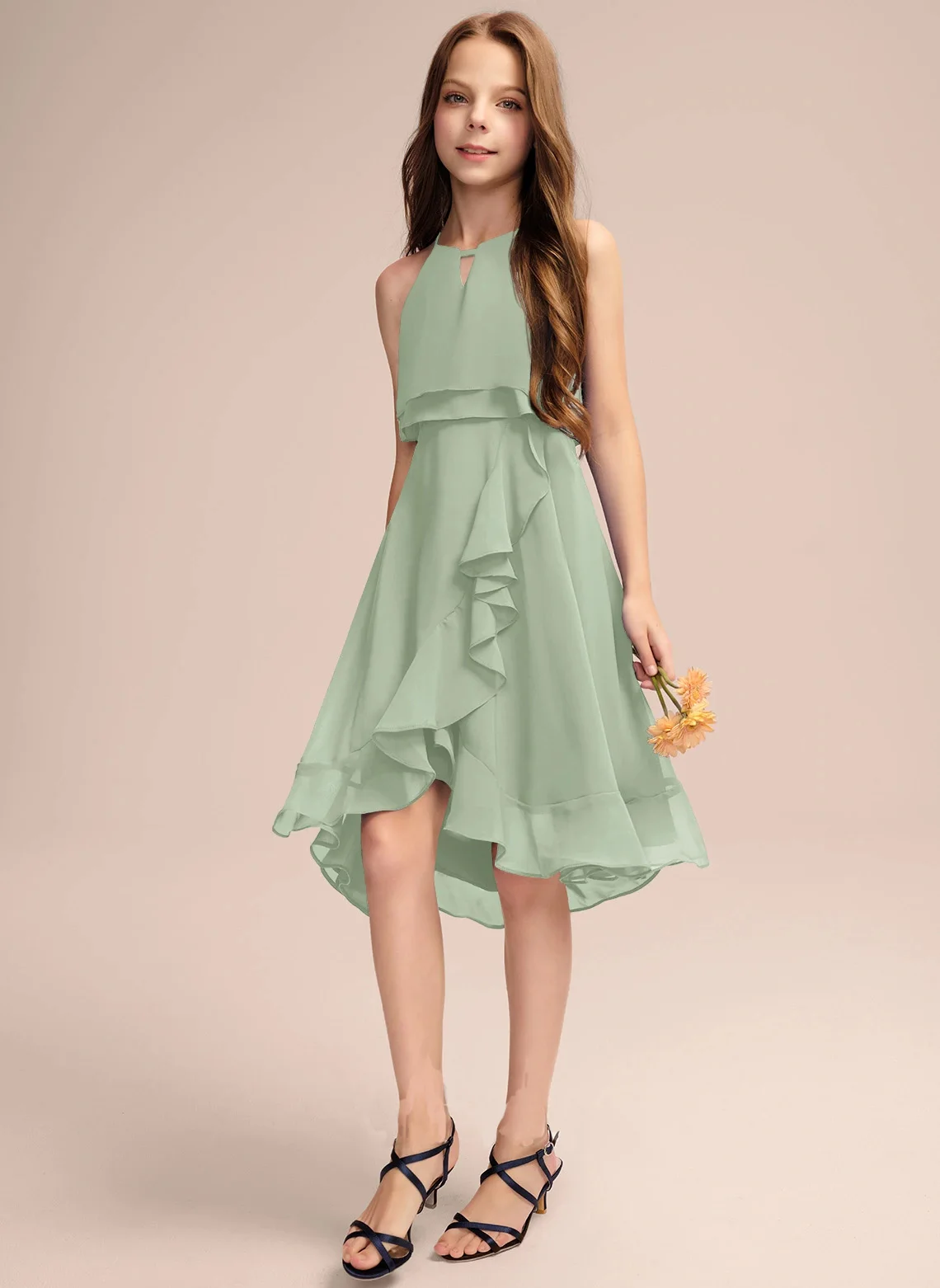 

A Line Halter Knee Length Chiffon Junior Bridesmaid Dress With Cascading Ruffles Evening Dress New Elegant Banquet Gowns