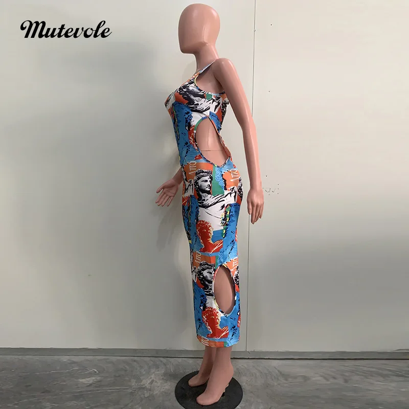 Mutevole Sommer sexy aus geschnitten ärmelloses langes Kleid Frauen Patchwork Print Loch Bodycon Sommerkleid