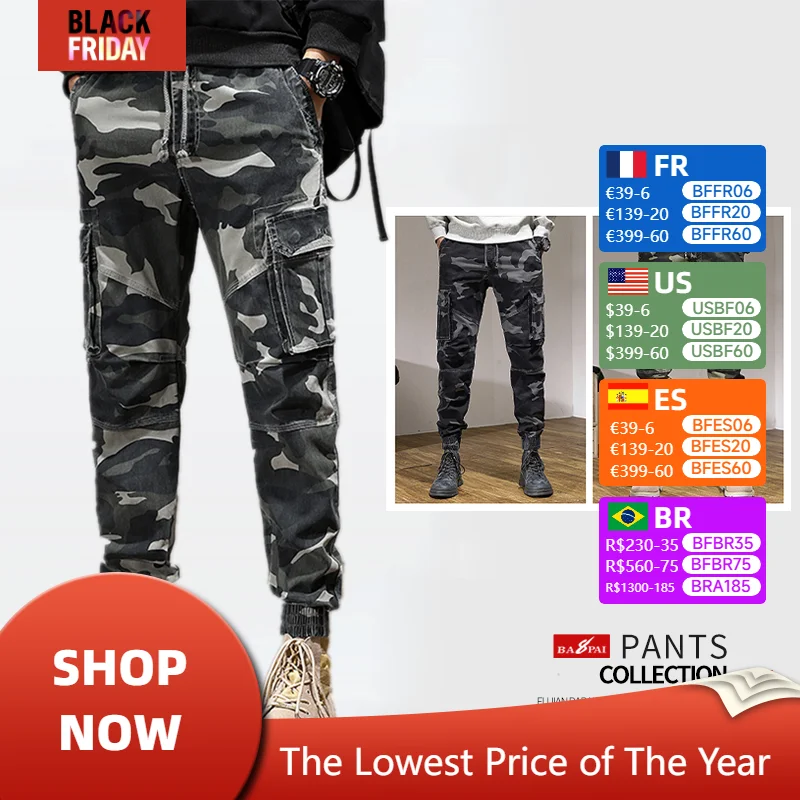 BAPAI Men Oversize Cargo Pants Black Pocket Camouflage Pants Harem Joggers Harajuku Sweatpant Hip Hop Tactical Trousers