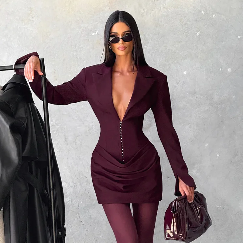 Temperament Women's Dress Autumn Winter Slim Solid Color Fashionable Elegant Evening Dress Long-sleeved Deep V Lapel Waist Dress
