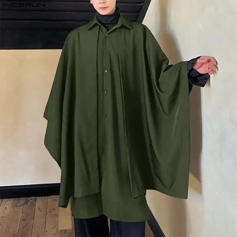 

INCERUN Мужская рубашка нестандартной формы, однотонная мужская рубашка с лацканами и длинными рукавами, накидка, уличная одежда, длинные стильные рубашки большого размера, мужские пончо 2025